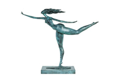 Front angled view of abstract female dancer bronze sculpture with green patina