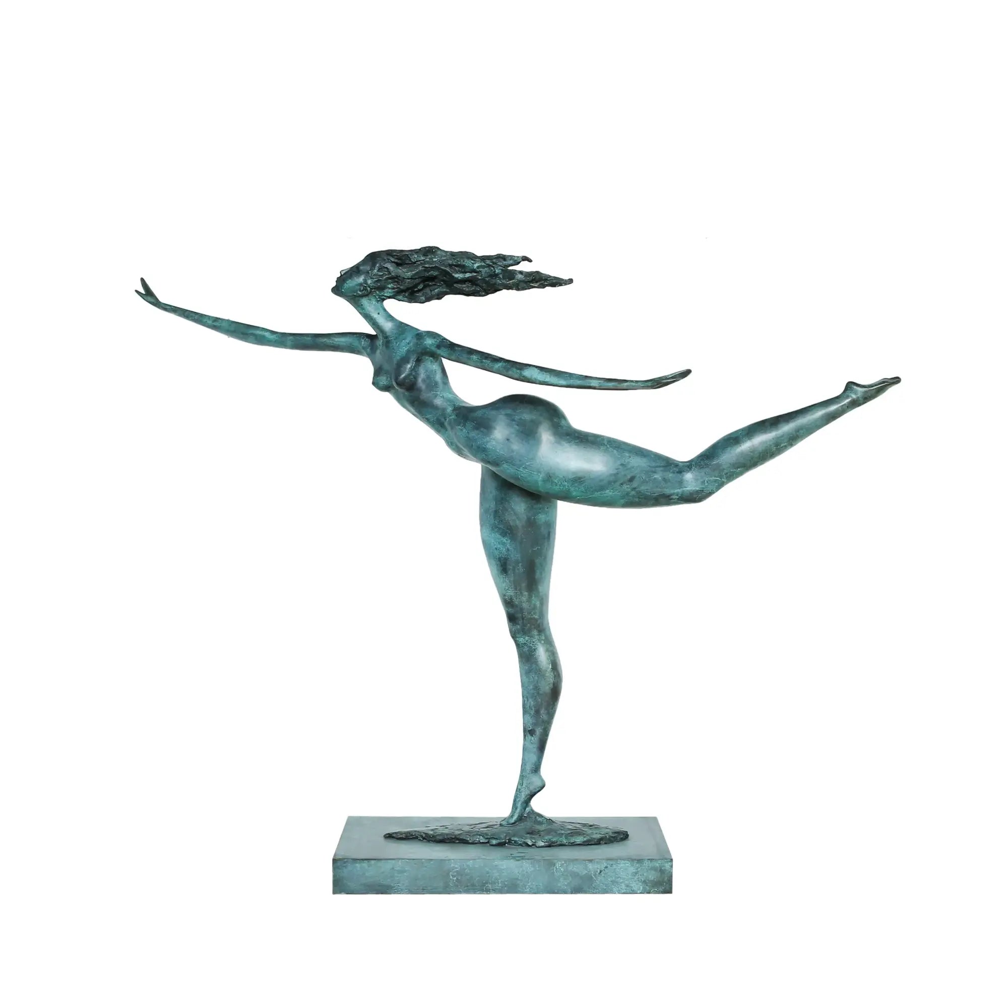 Spring Dancer bronze sculpture with outstretched arms, flowing hair, and one leg extended behind