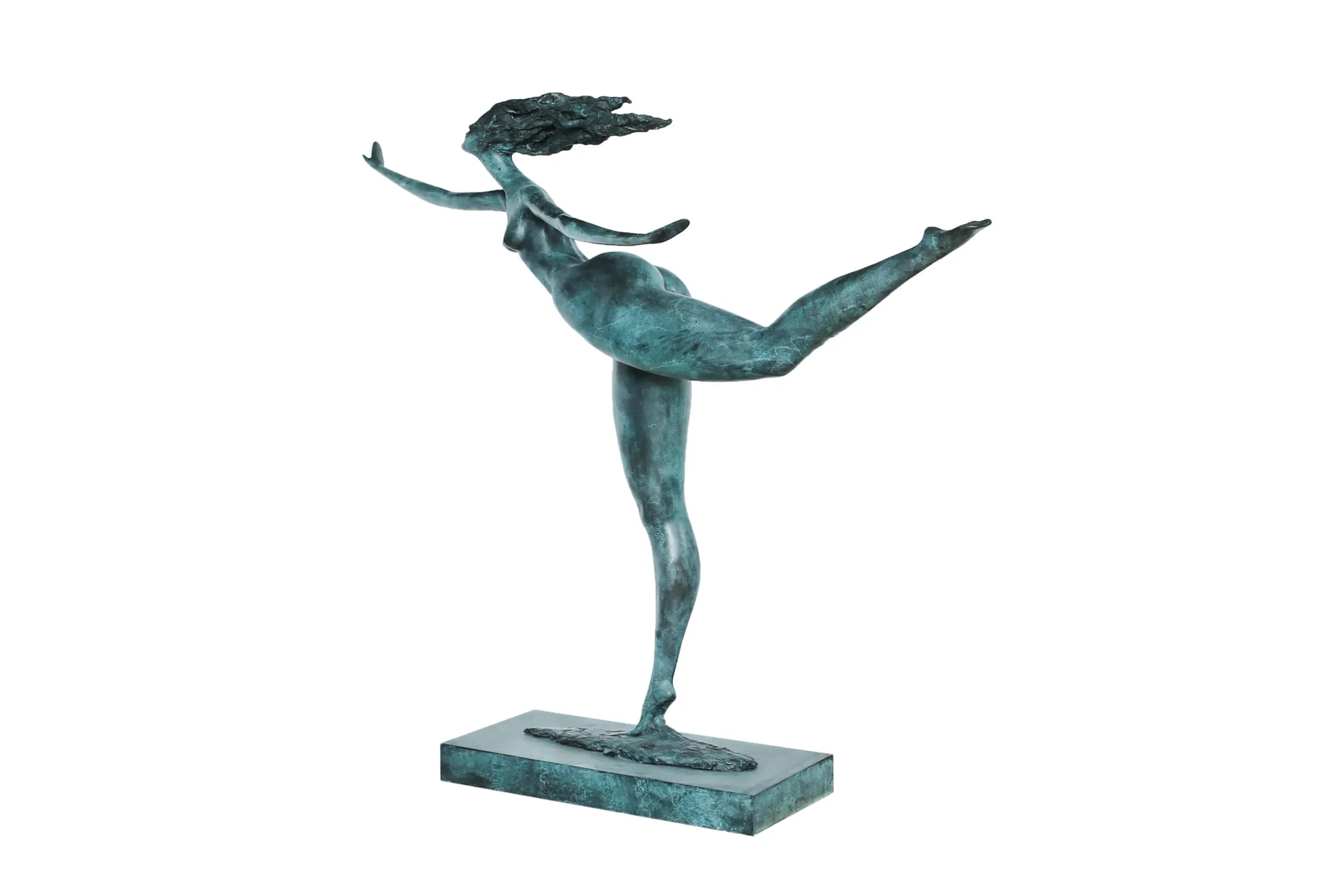 Right angled view of Spring Dancer sculpture showing the raised leg and rectangular bronze base