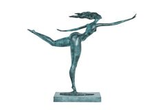 Side angled view of abstract bronze woman sculpture with windswept hair