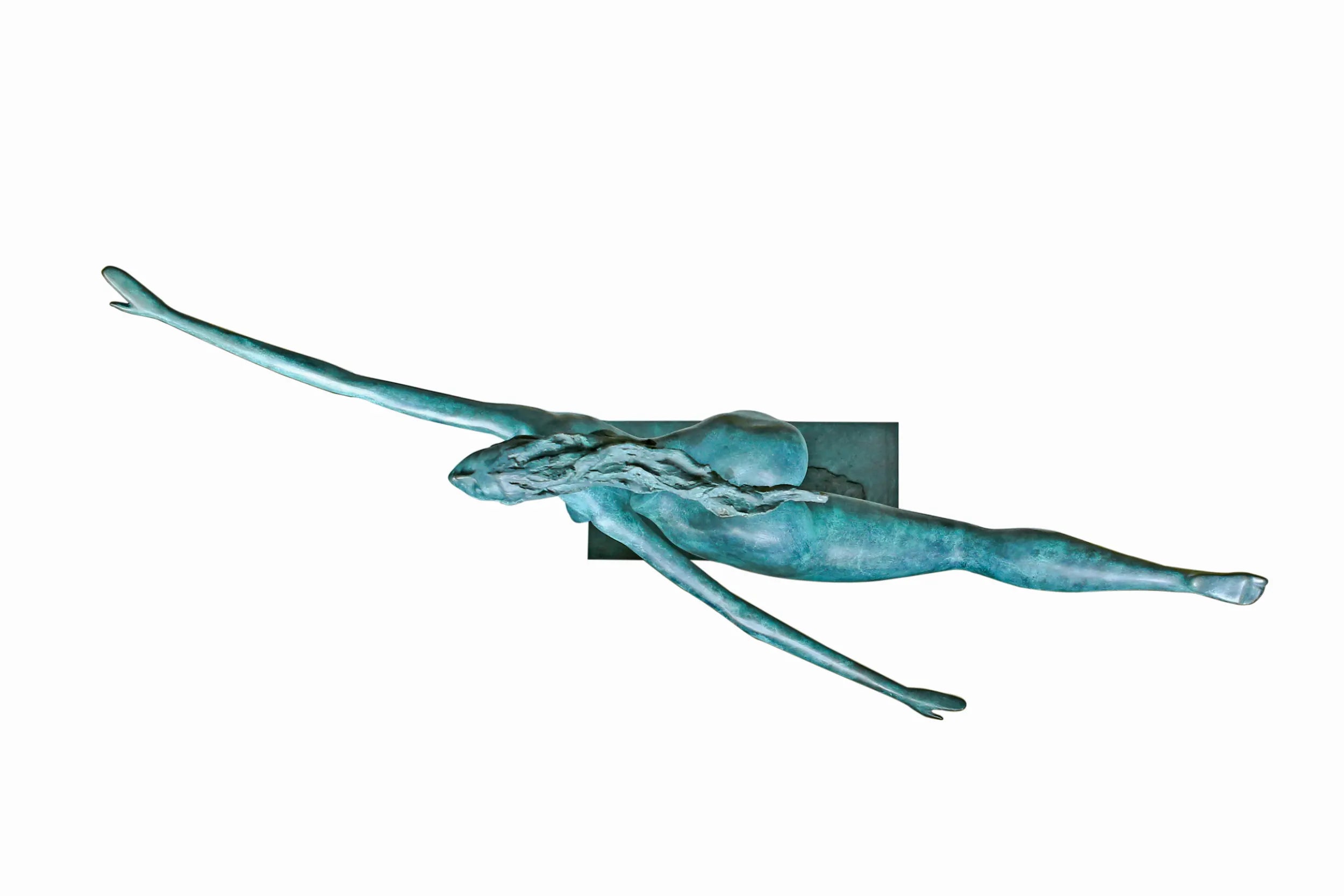 Overhead view of Spring Dancer bronze sculpture showing the extended body and flowing hair
