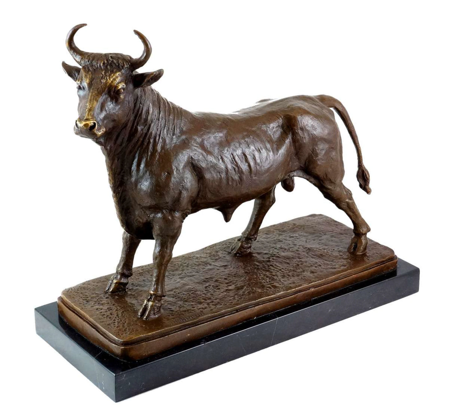 Standing Bull Bronze Sculpture on Black Marble Base