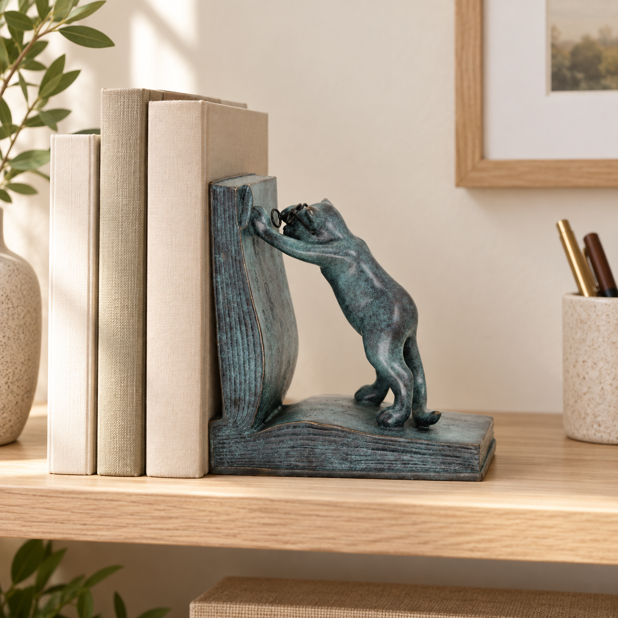 standing Cat Bookend II bronze sculpture displayed in a minimalist interior