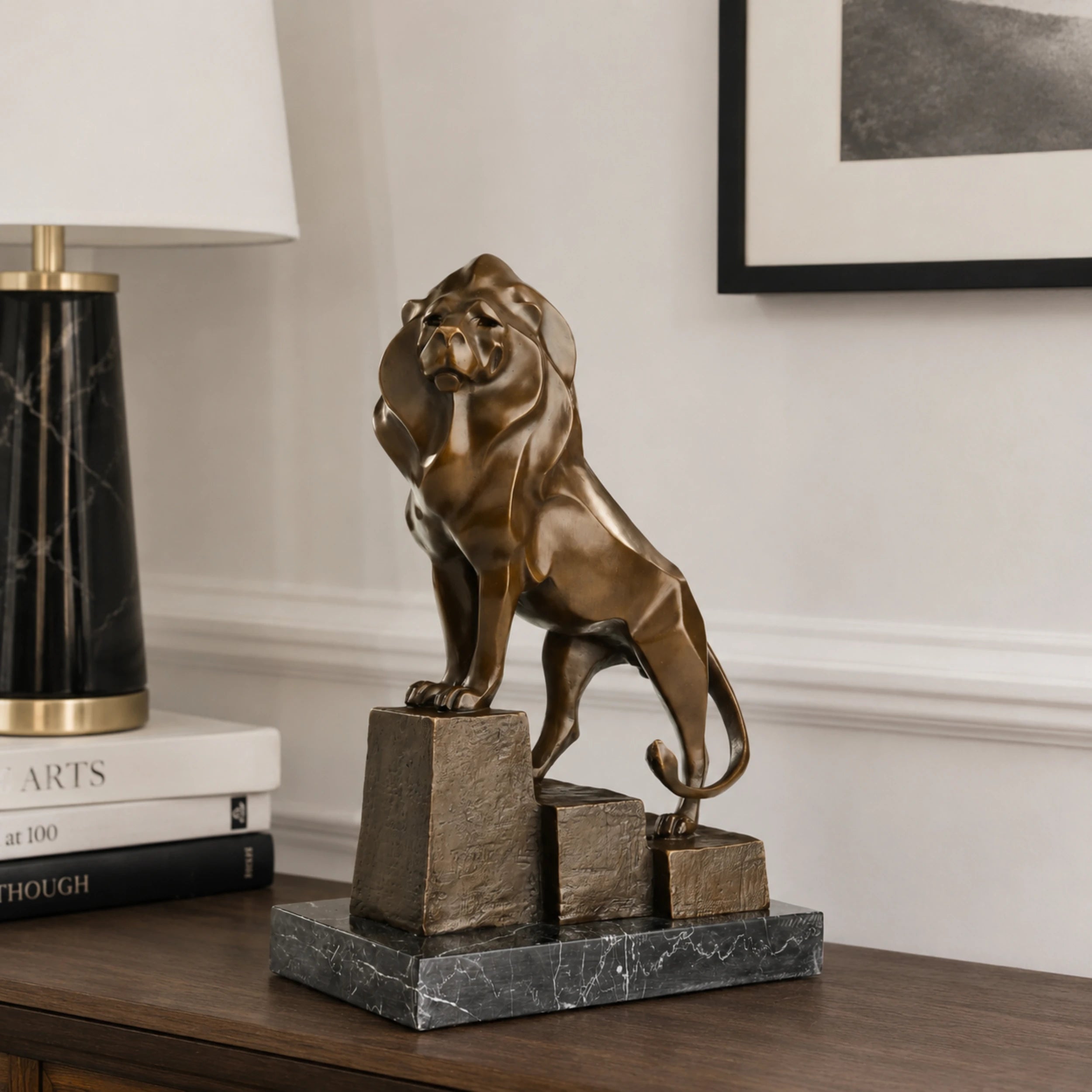 Standing Lion Bronze Sculpture displayed in a styled interior