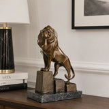 Standing Lion Bronze Sculpture displayed in a styled interior