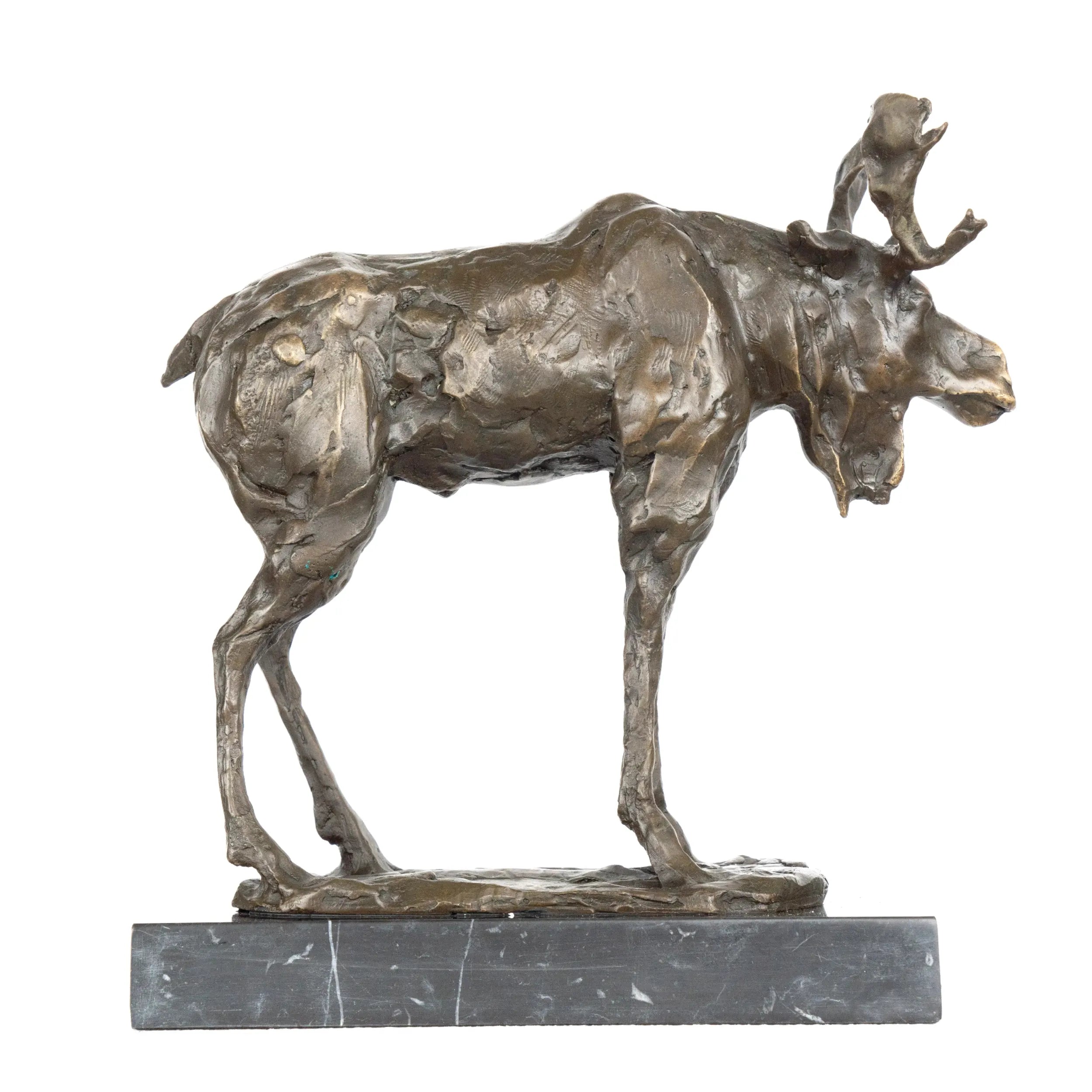 Standing moose bronze sculpture displayed in a rustic lodge interior