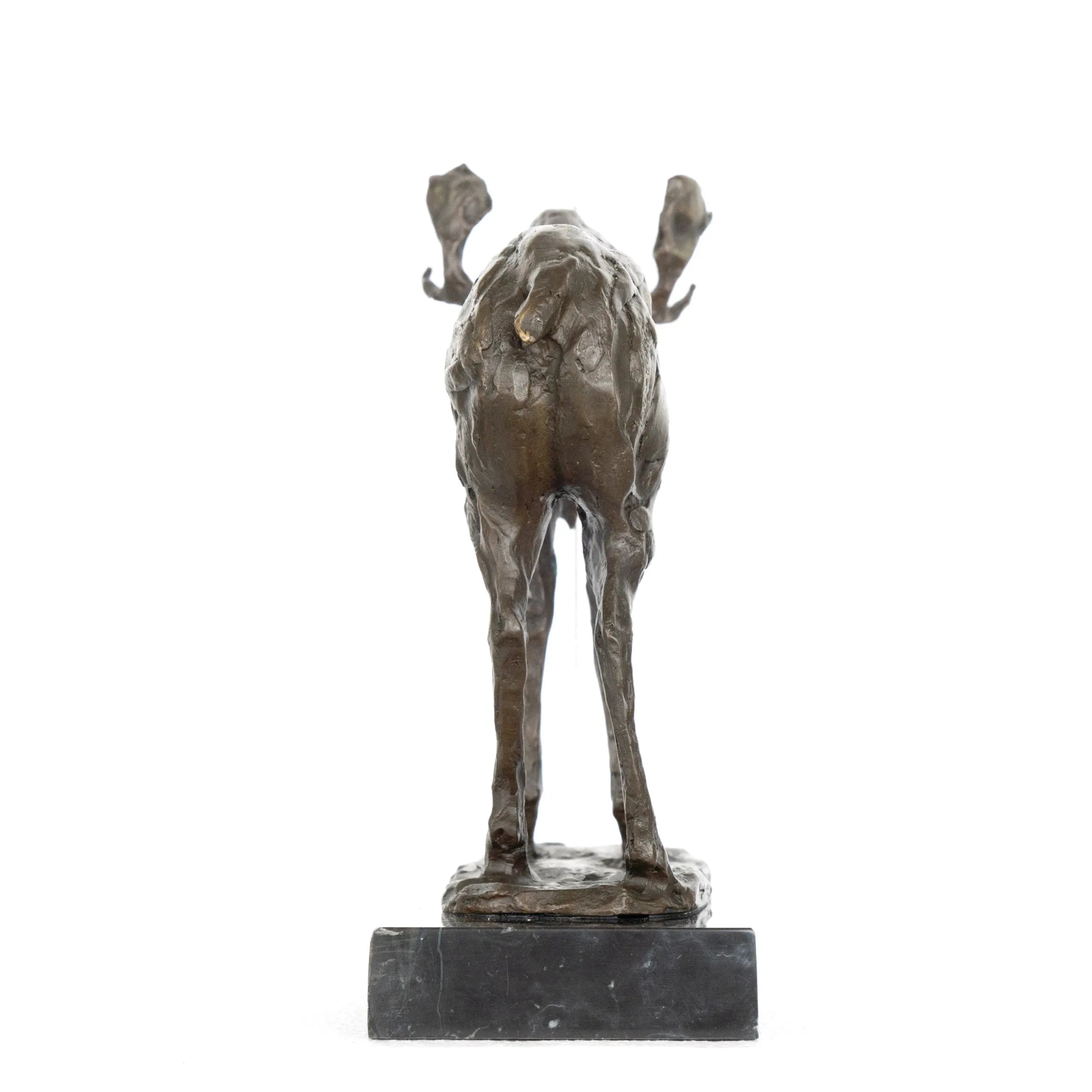 Back view of standing moose bronze sculpture with textured details