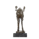 Back view of standing moose bronze sculpture with textured details