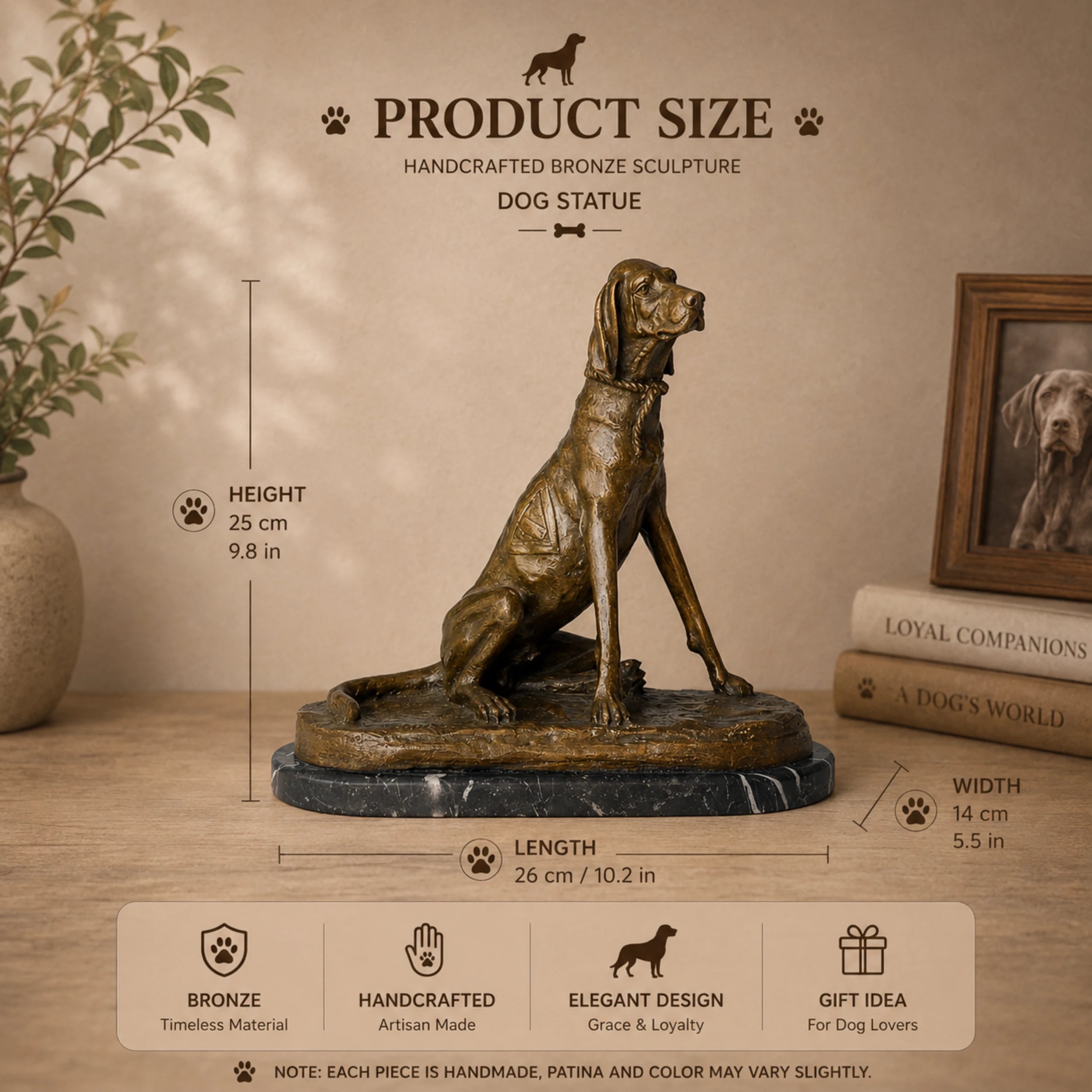 A stately bronze pointer dog sculpture in an alert upright seated pose, showing lean musculature and smooth coat for executive office decor.