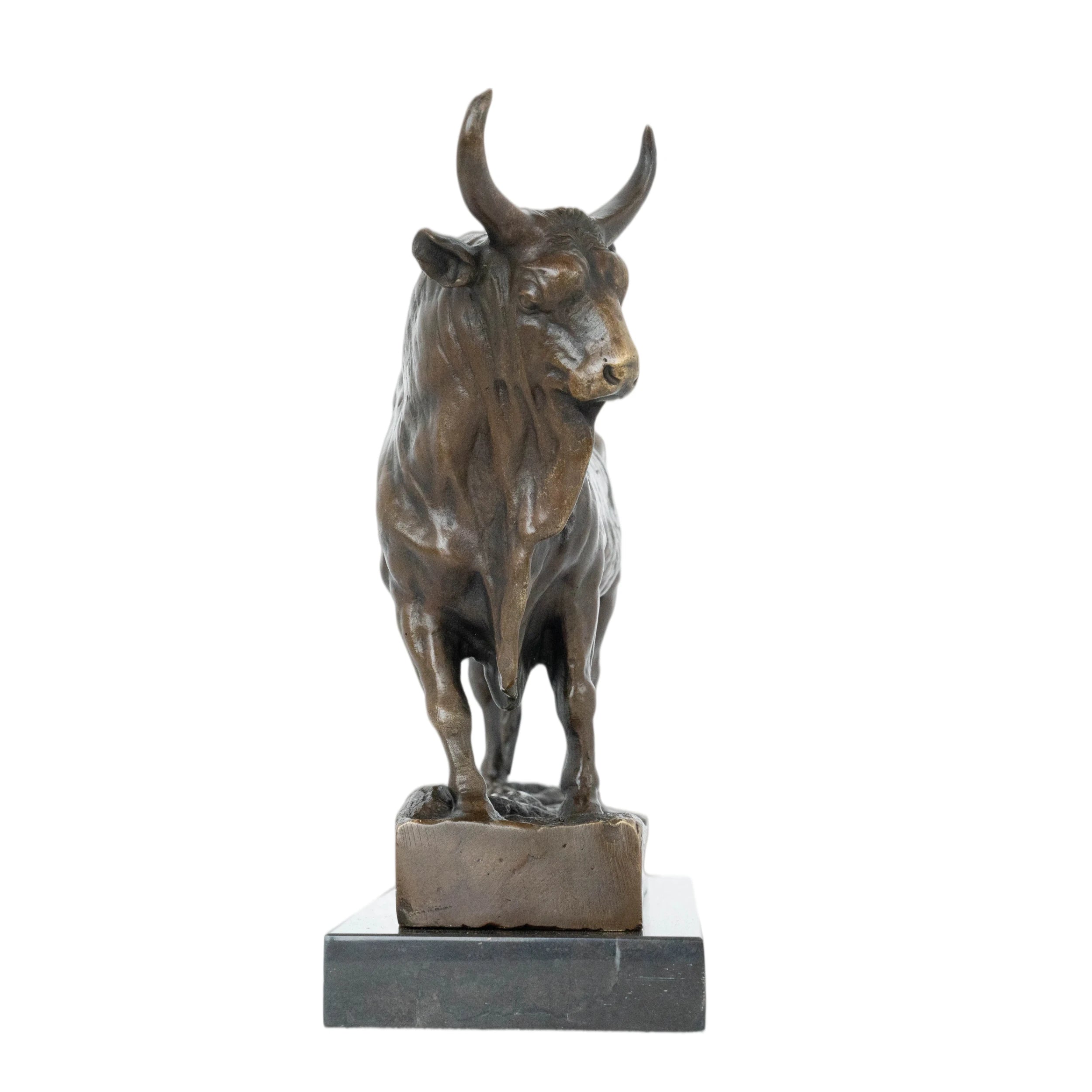 Standing bronze bull sculpture with realistic detail and strong grounded posture
