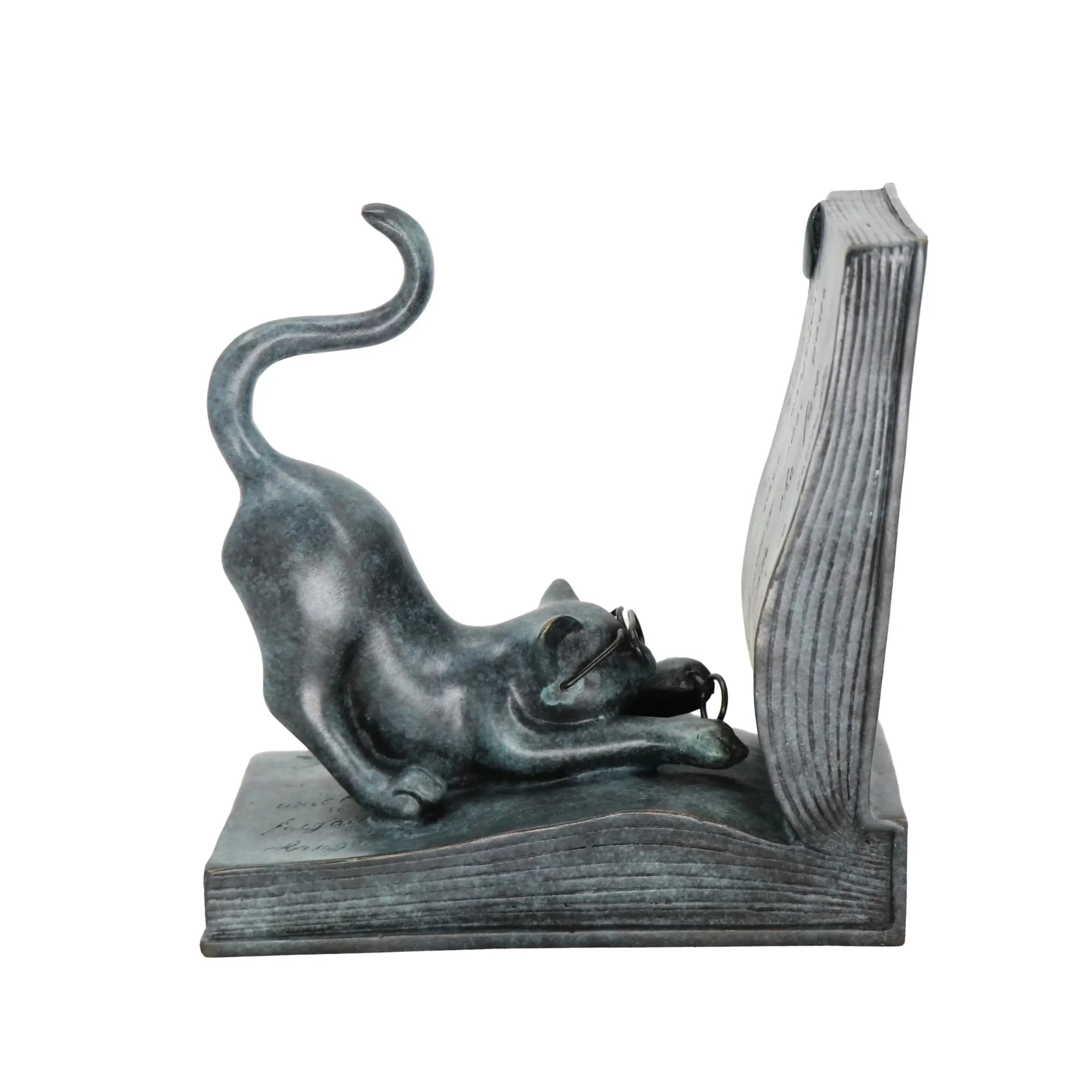 Stretching cat bronze bookend with playful crouching pose