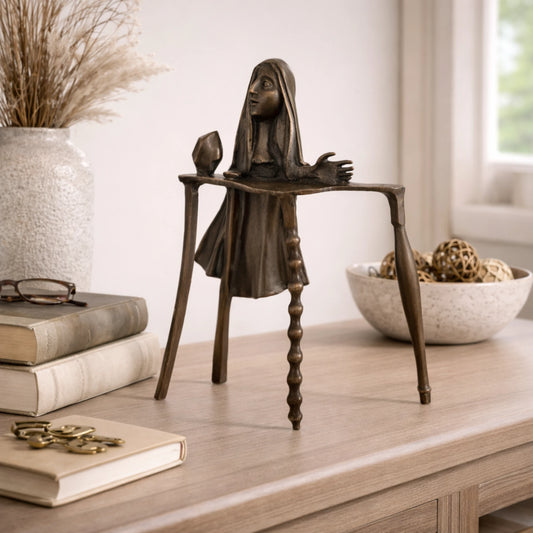 Surrealist bronze sculpture hooded female emerging from melting table, Dalí-inspired abstract art on black marble base, loss wax casting fine art.