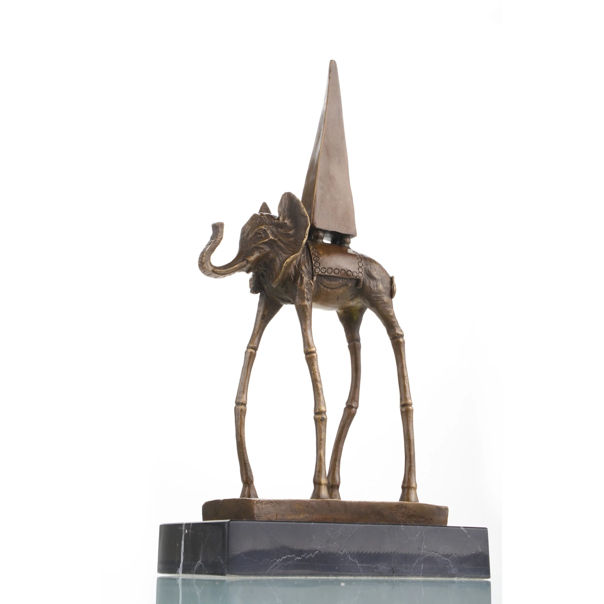 this bronze elephant on stilts sculpture features elongated legs and an obelisk motif. A striking surrealist art piece for collectors and modern interiors.