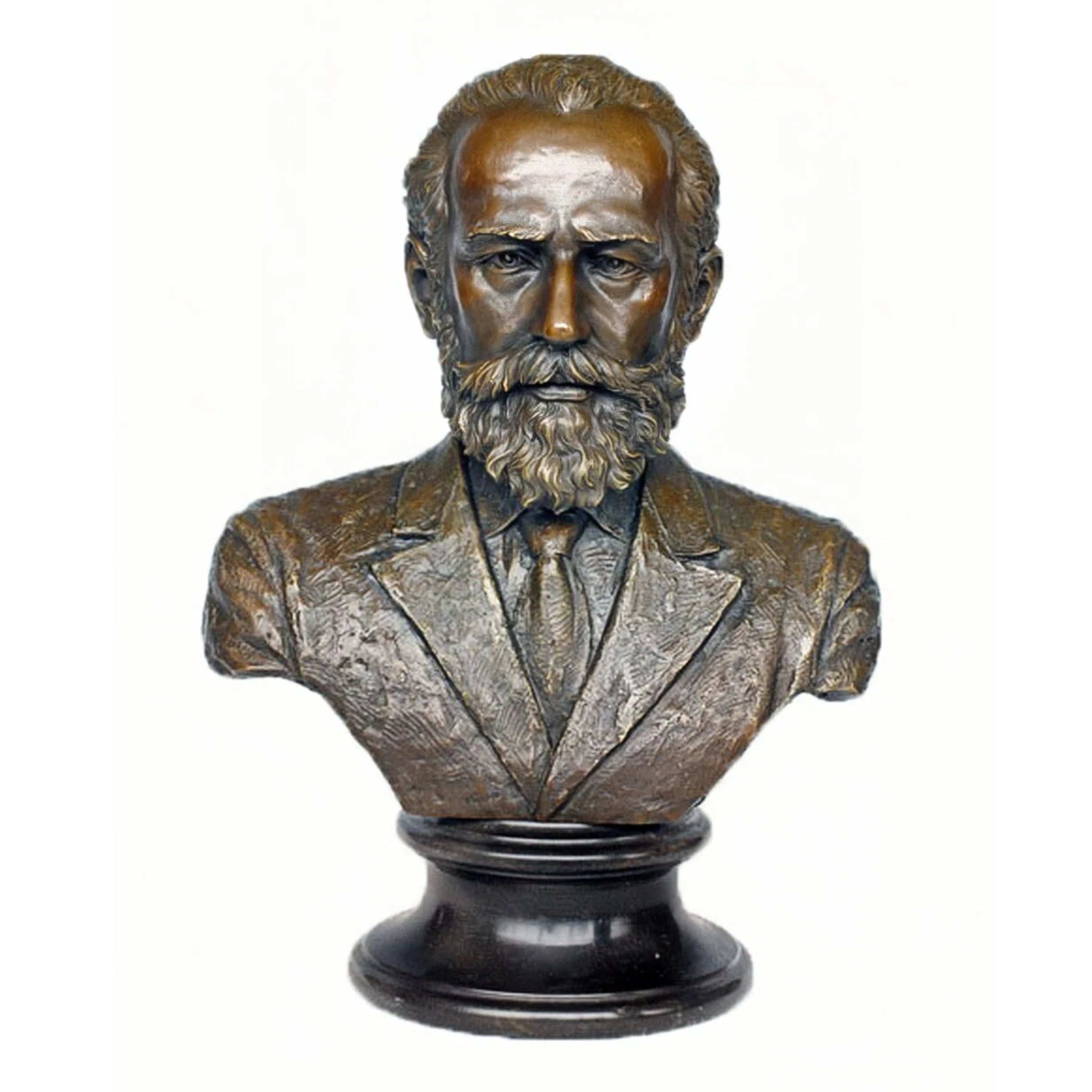 Handcrafted Tchaikovsky bronze bust with detailed beard, formal attire, and classical portrait styling