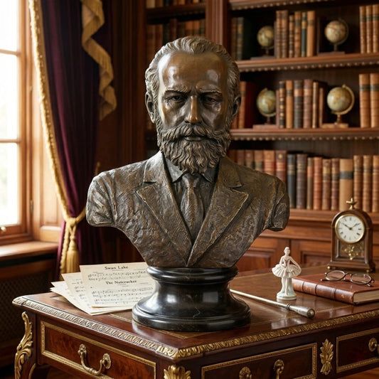 Tchaikovsky bronze bust displayed as elegant music room, library, and classical office decor