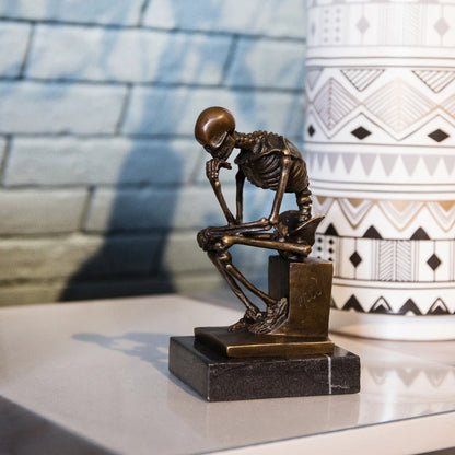 the Thinker abstract skeleton bronze sculpture. Handcrafted with traditional lost-wax casting, perfect for desk, office, or home decor.