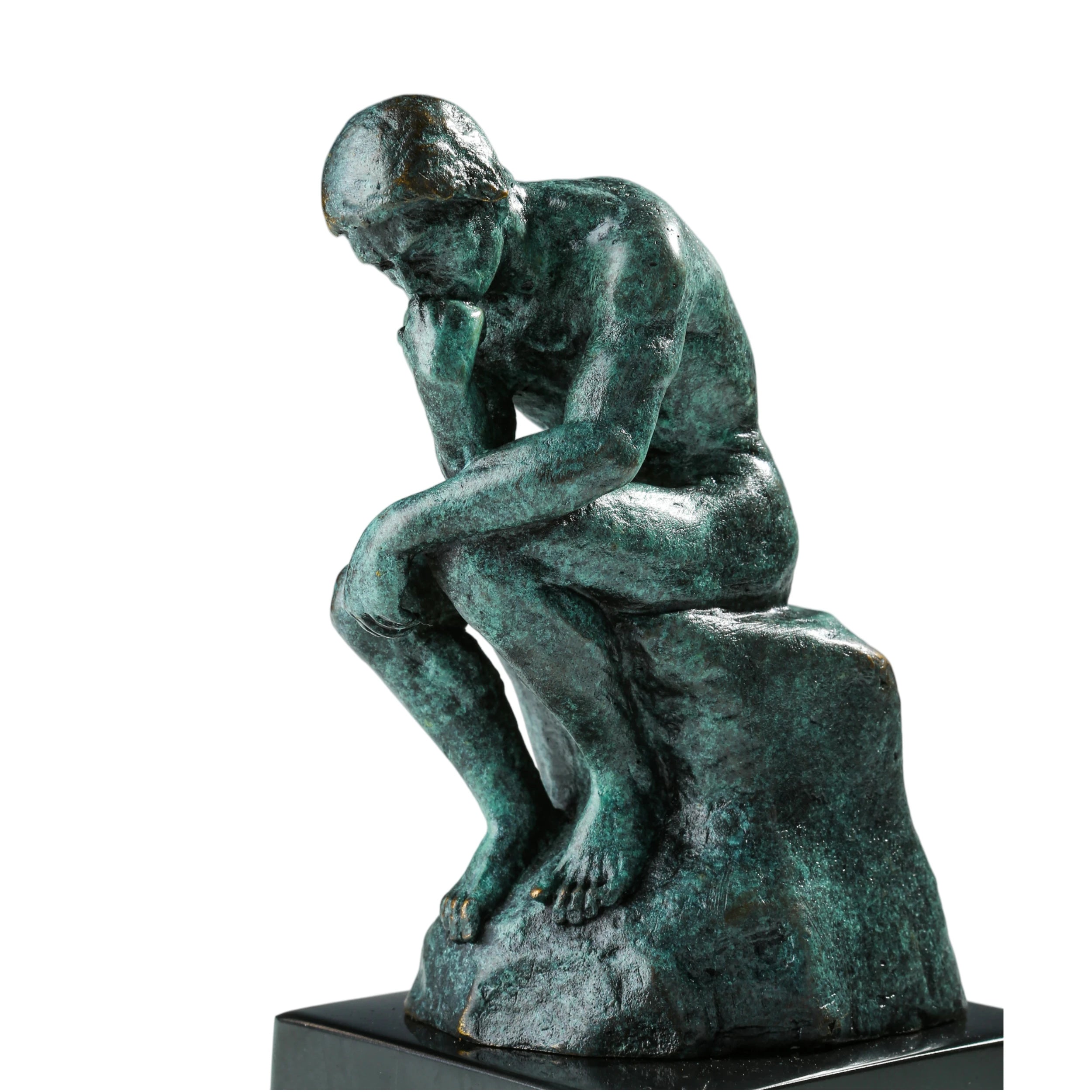 Close-up of the expressive face on the Rodin-inspired Thinker bronze statue