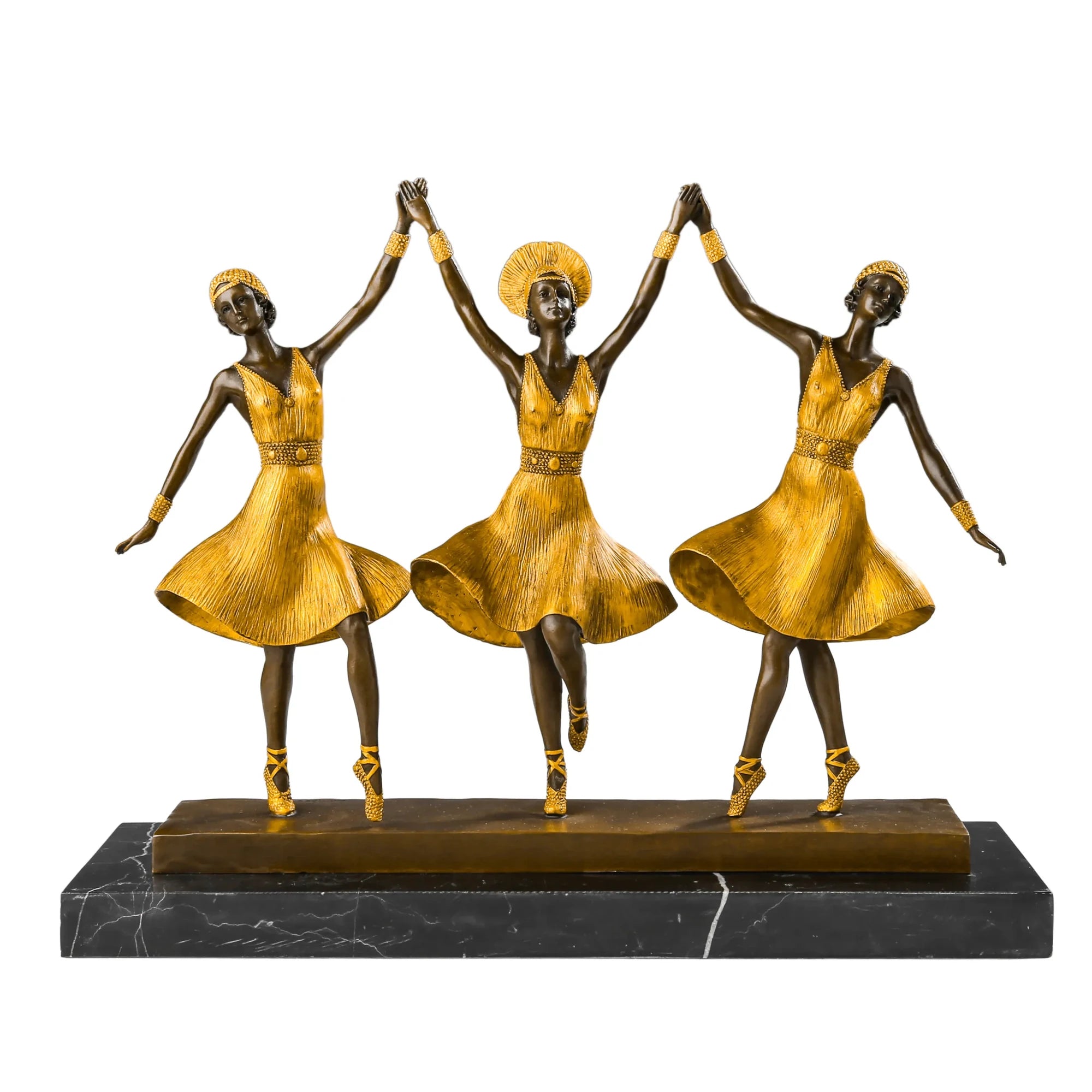 Front view of three ballerinas bronze sculpture with joined hands and golden dresses