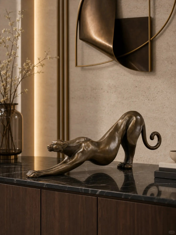 Bronze leopard sculpture displayed in a customer’s home interior