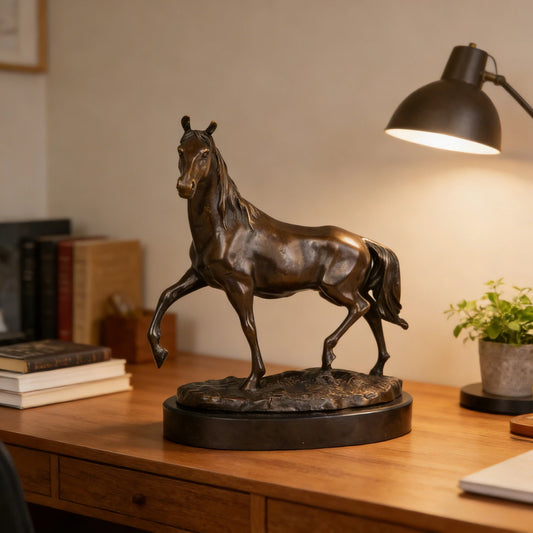 Lively trotting bronze horse sculpture with raised foreleg and turned head, realistic equestrian statue on round black marble base, loss wax casting fine art.