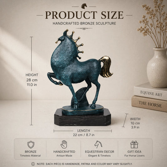 Whimsical stylized bronze horse sculpture with turquoise patina and golden crown, folk-art inspired prancing horse on black marble base, loss wax casting fine art.