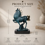 Whimsical stylized bronze horse sculpture with turquoise patina and golden crown, folk-art inspired prancing horse on black marble base, loss wax casting fine art.