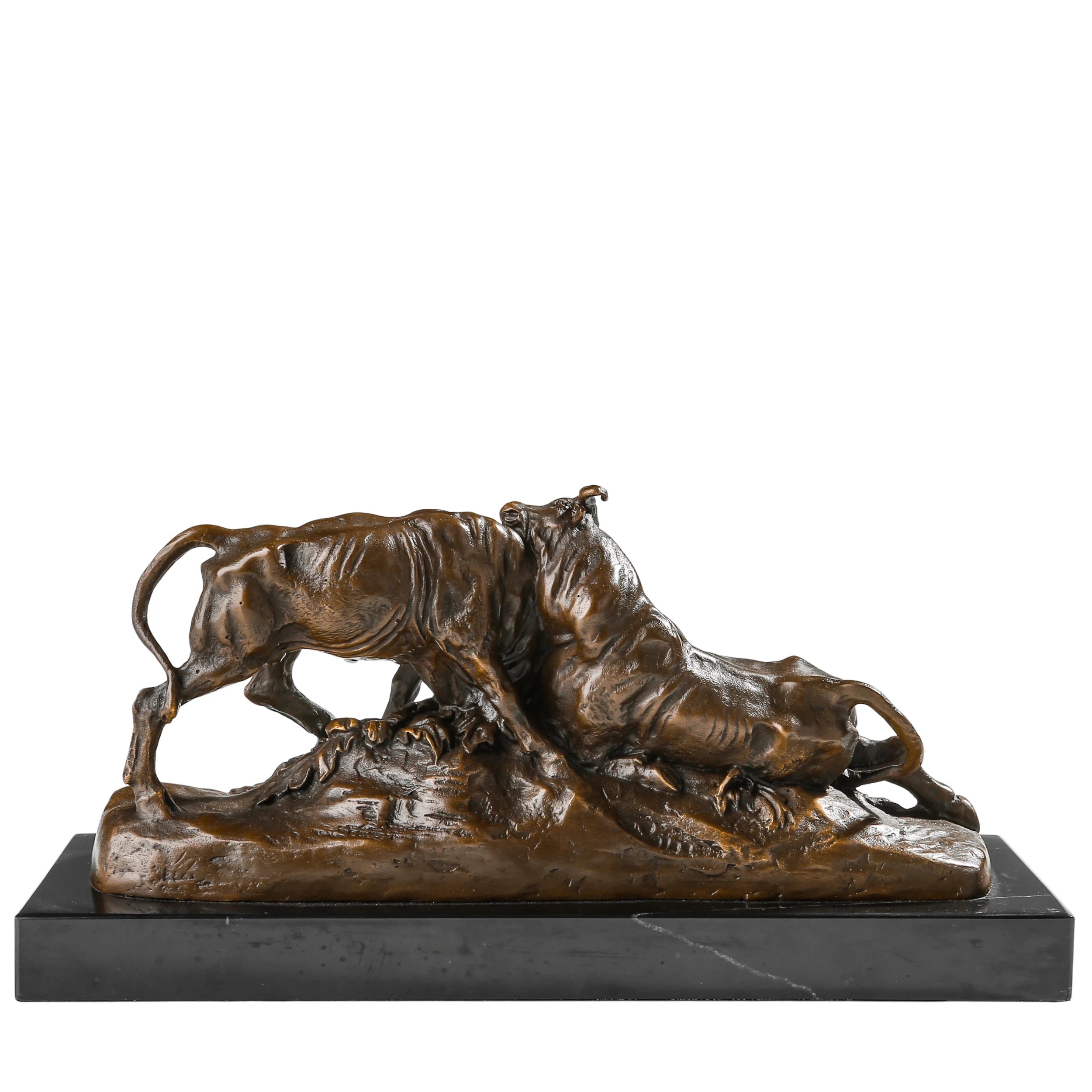 Bronze sculpture of two bulls fighting with dynamic movement and detailed musculature