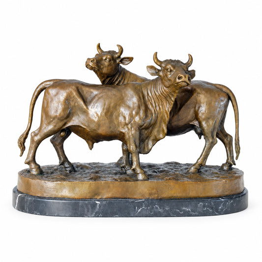 two standing bull bronze sculpture