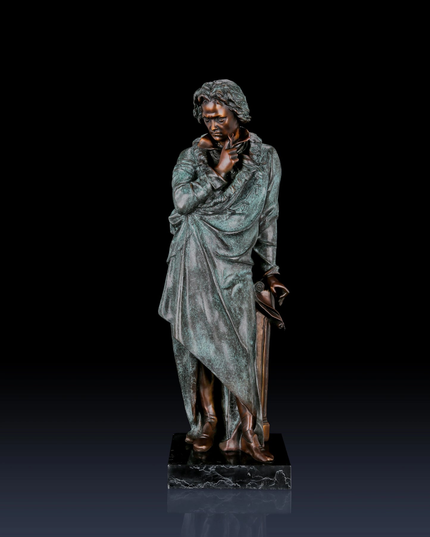 Full-length Beethoven bronze statue with verdigris patina. Handcrafted sculpture with marble base—perfect for collectors, musicians, and luxury statement interiors.