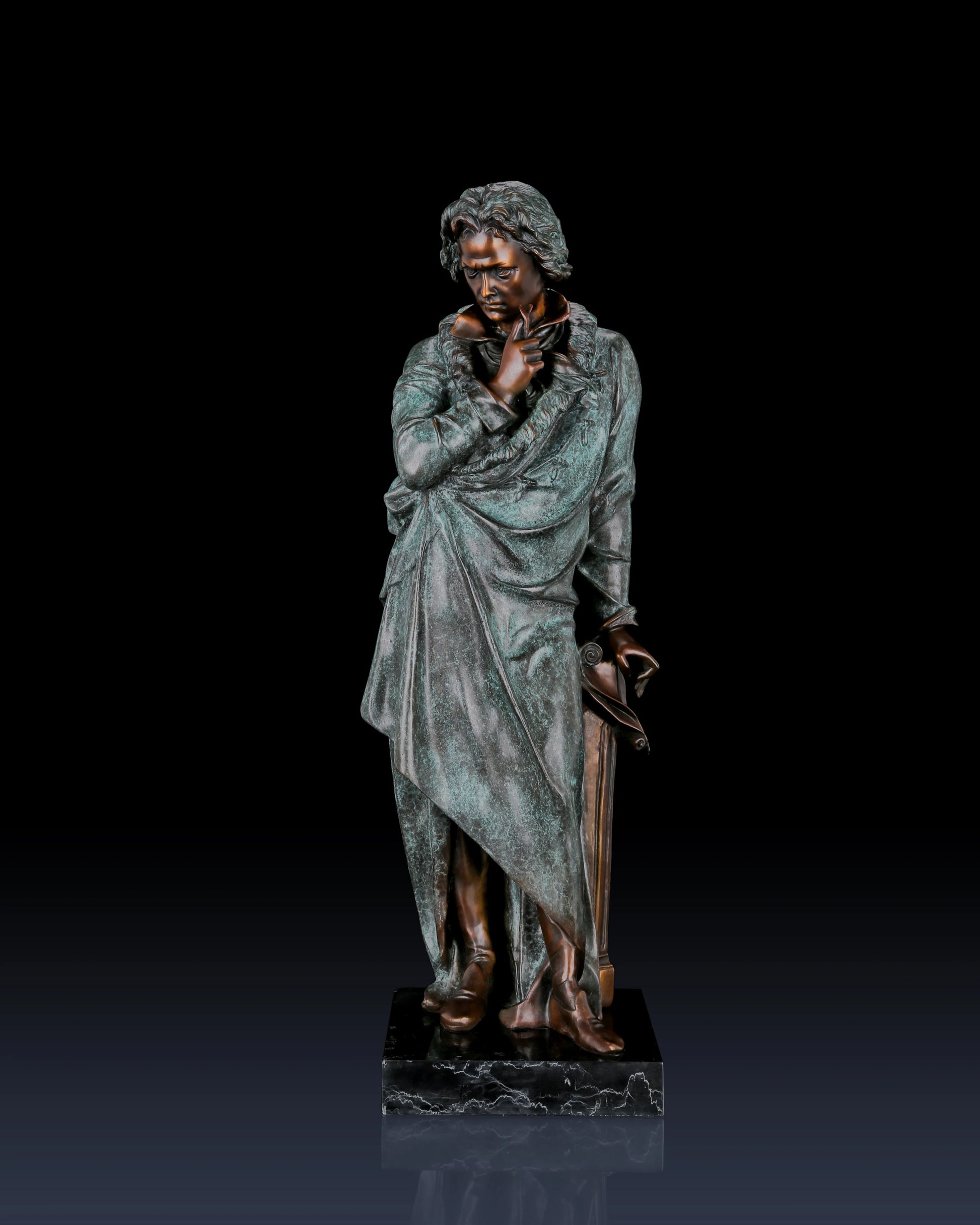 Full-length Beethoven bronze statue with verdigris patina. Handcrafted sculpture with marble base—perfect for collectors, musicians, and luxury statement interiors.