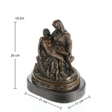 Detailed bronze Pietà sculpture Virgin Mary holding Jesus, Michelangelo-inspired religious statue on black marble base, loss wax casting fine art.
