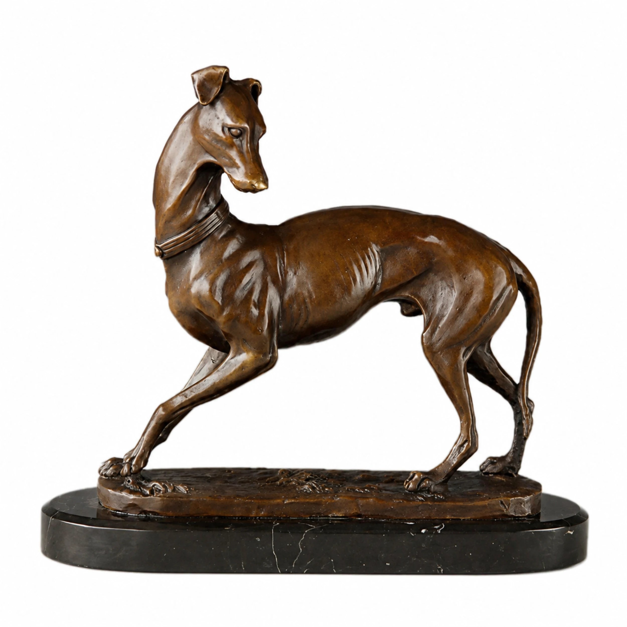 Handcrafted walking bronze Greyhound sculpture in a graceful striding pose with lean athletic form