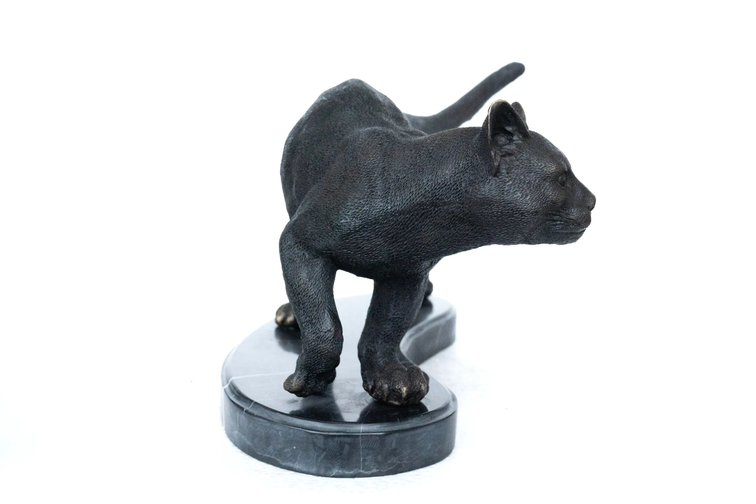 Front view of realistic walking cat bronze sculpture