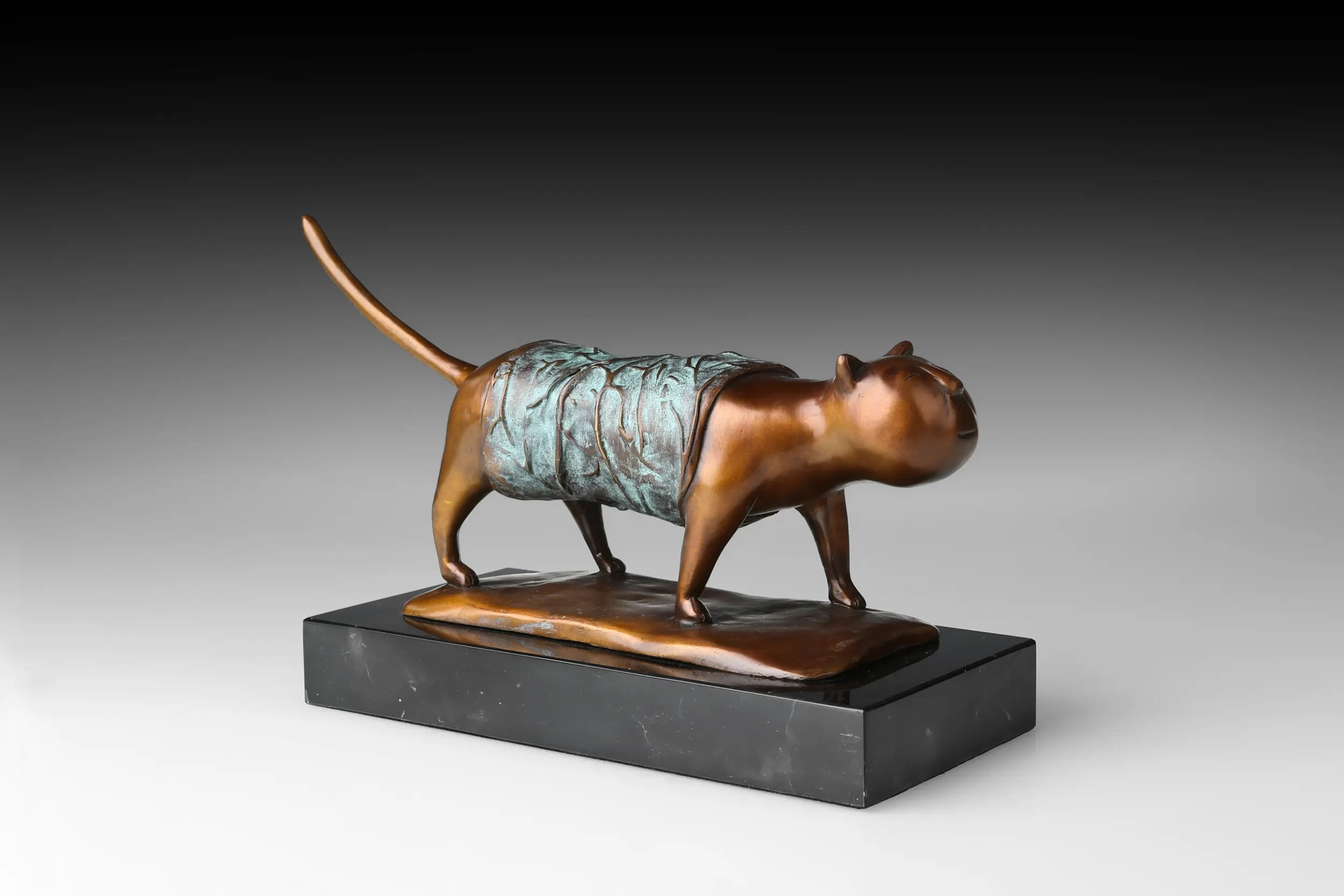 Walking Decorative Cat bronze sculpture three-quarter view