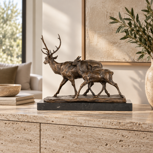 Walking Deer Pair bronze sculpture displayed in a minimalist interior