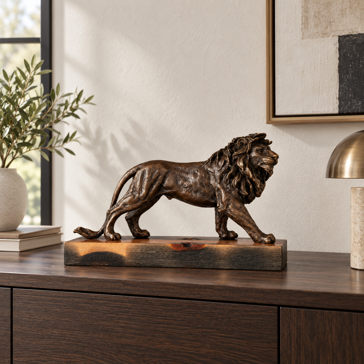 Walking Male Lion Bronze Sculpture displayed in a minimalist interior