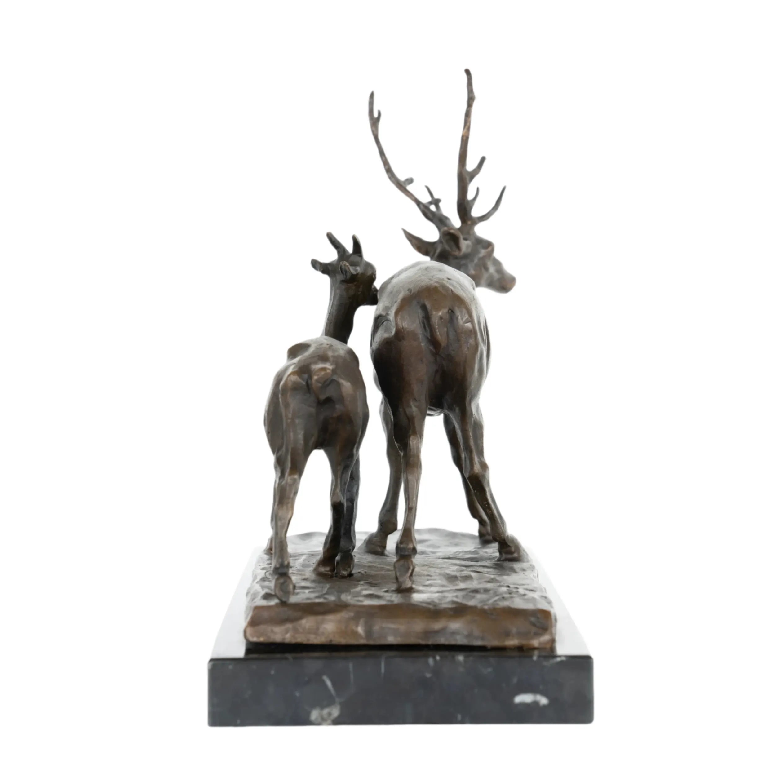 Back view of handcrafted walking stag and doe bronze sculpture