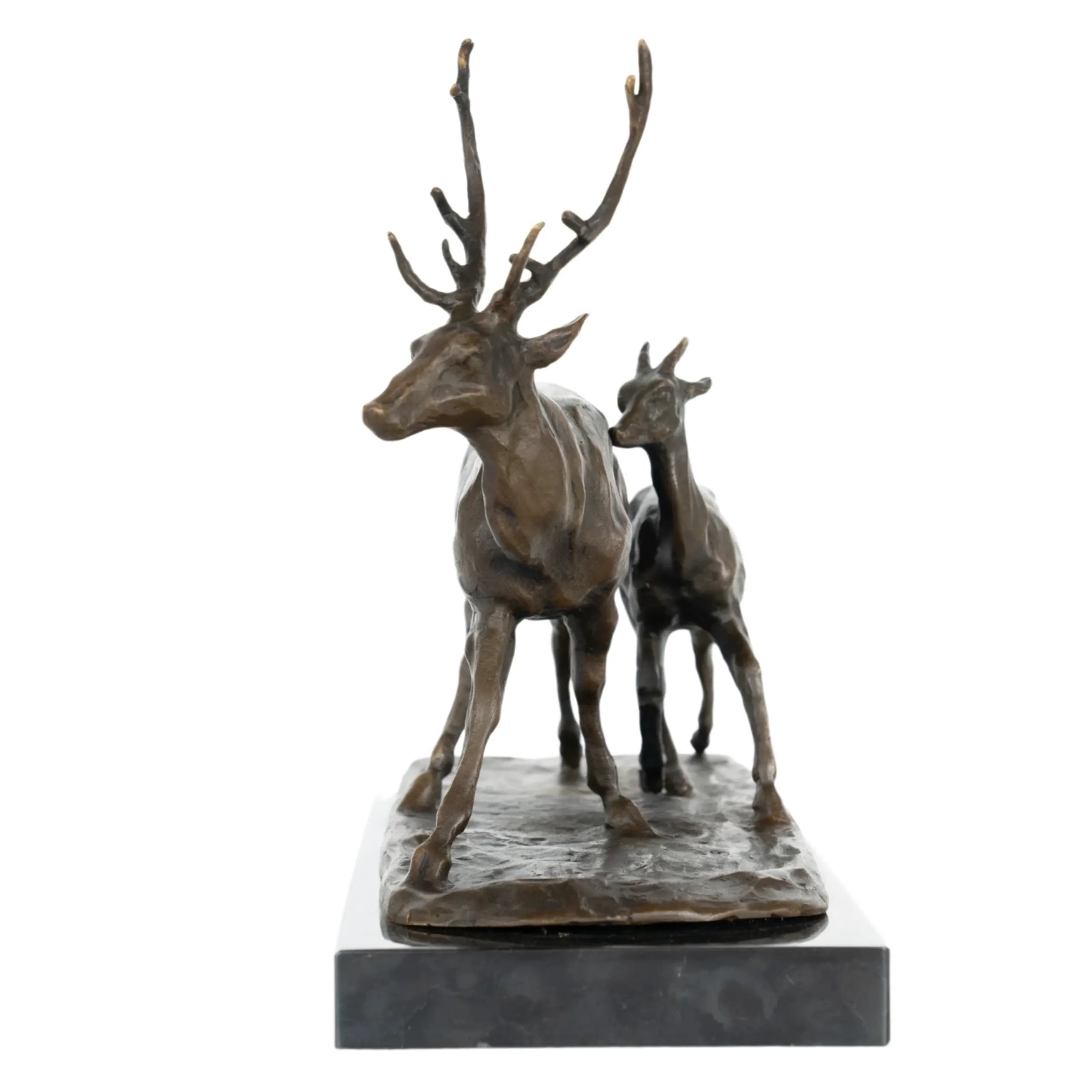 Front view of walking stag and doe bronze sculpture