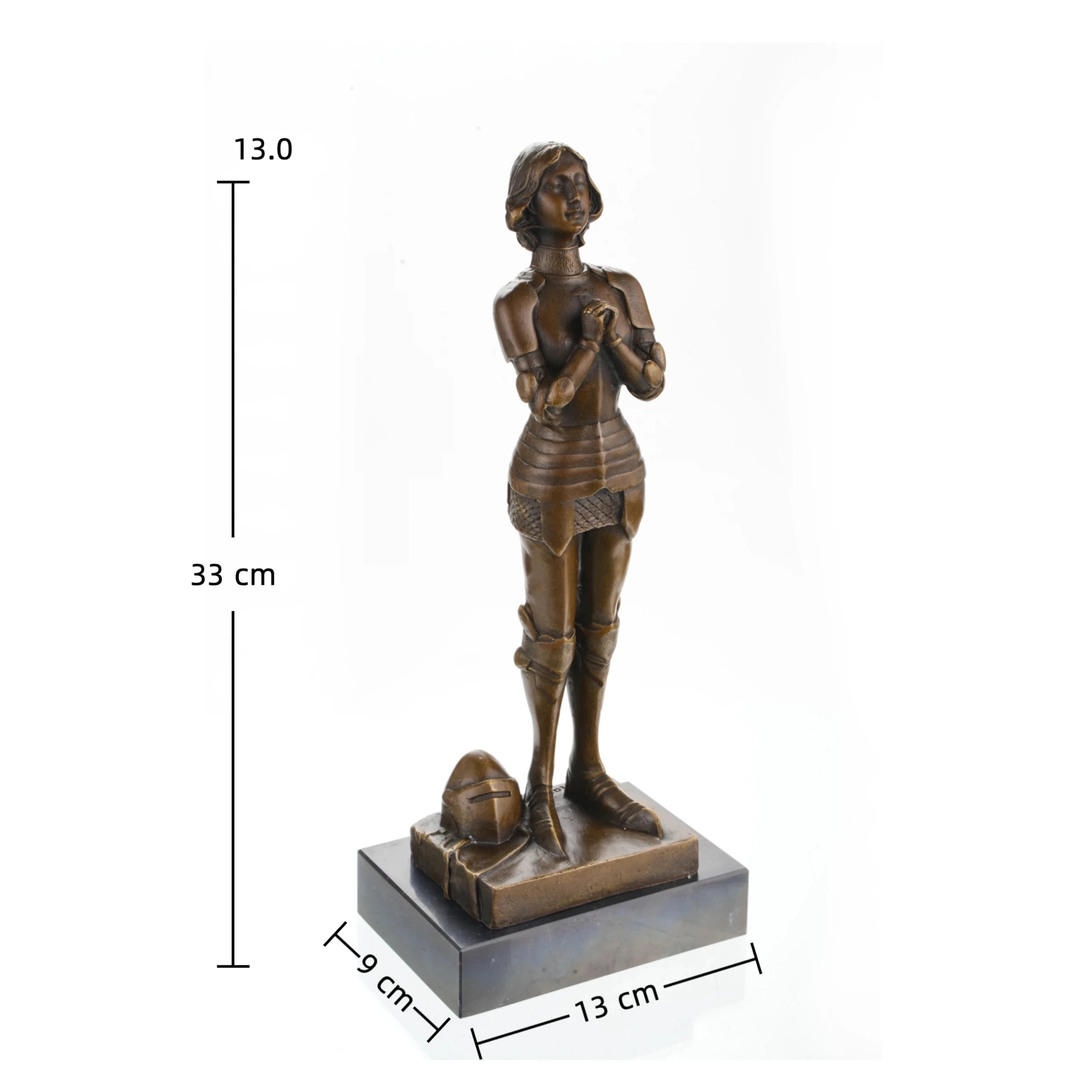 Joan of Arc bronze statue in prayer, detailed medieval plate armor and chainmail sculpture, historical French heroine on black marble base, loss wax casting art.