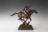 Right side view of Western bronze horse rider statue with detailed equestrian form
