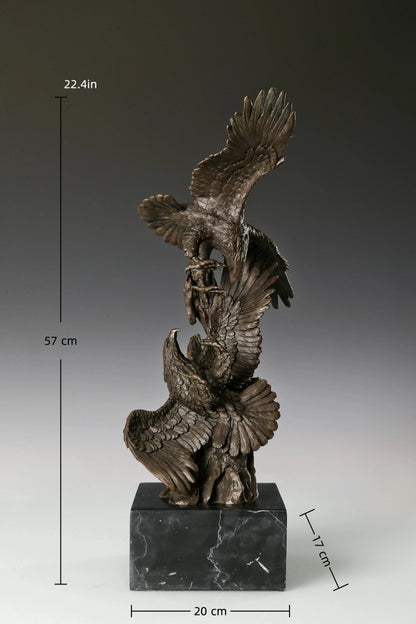 Two eagles bronze sculpture in dynamic interaction pose with detailed feathers and marble base. Elegant decor for home, office, or collectors.