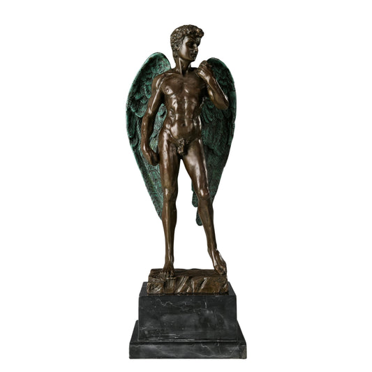 Winged David bronze sculpture with angel wings on marble base