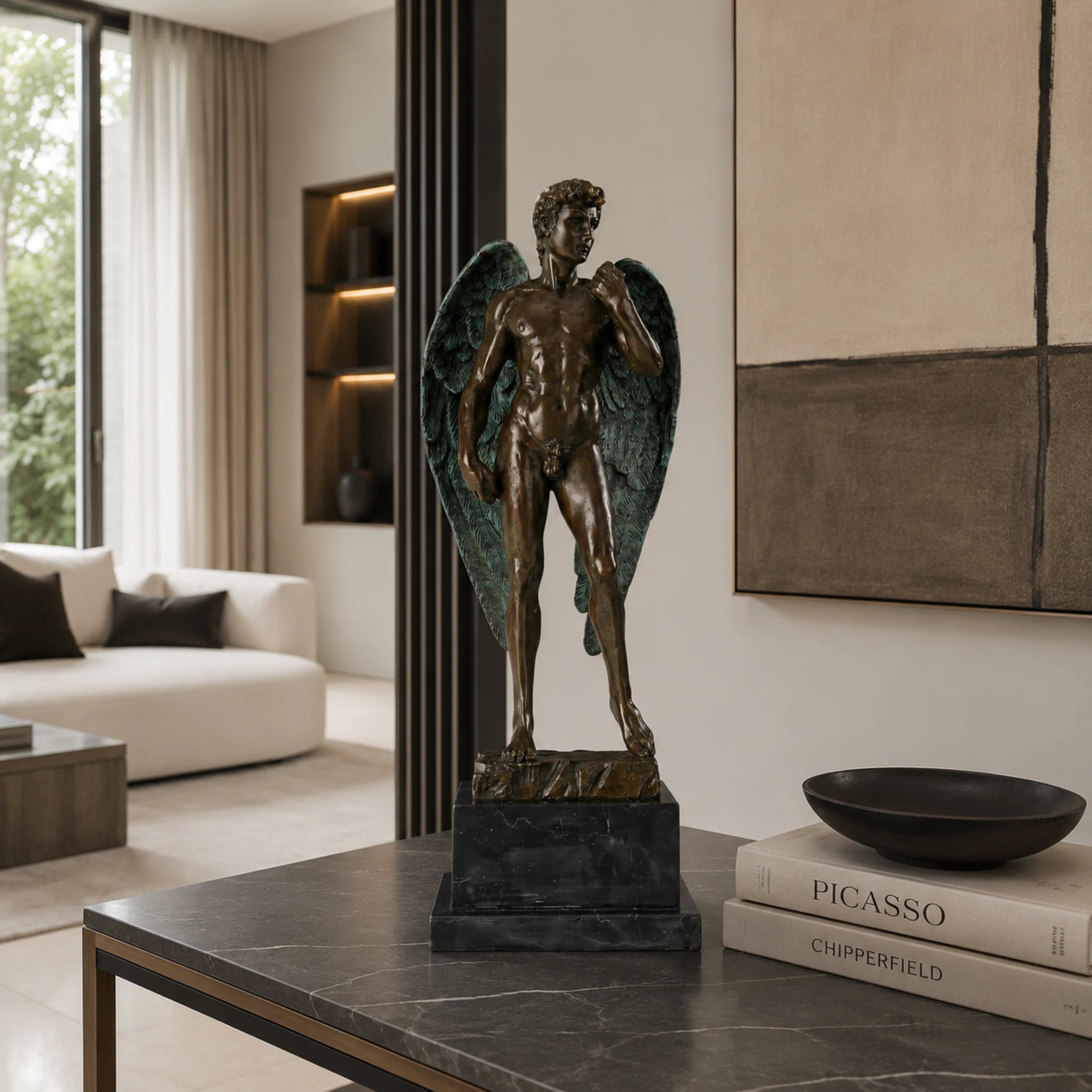 Winged David bronze sculpture displayed in a luxury modern interior