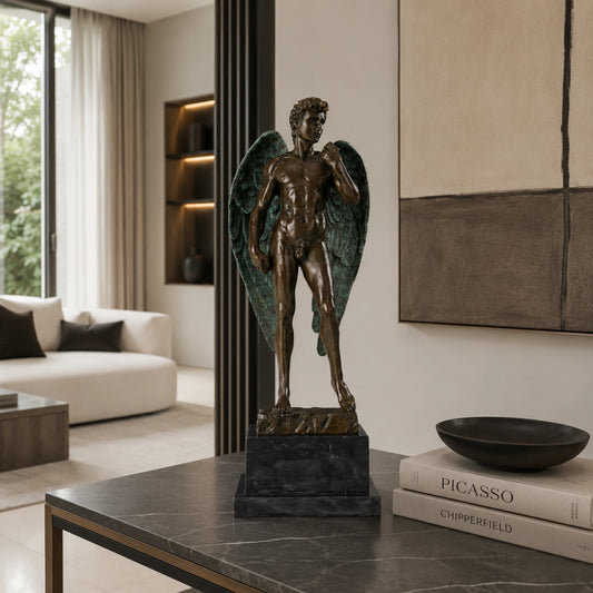 Winged David bronze sculpture displayed in a luxury modern interior