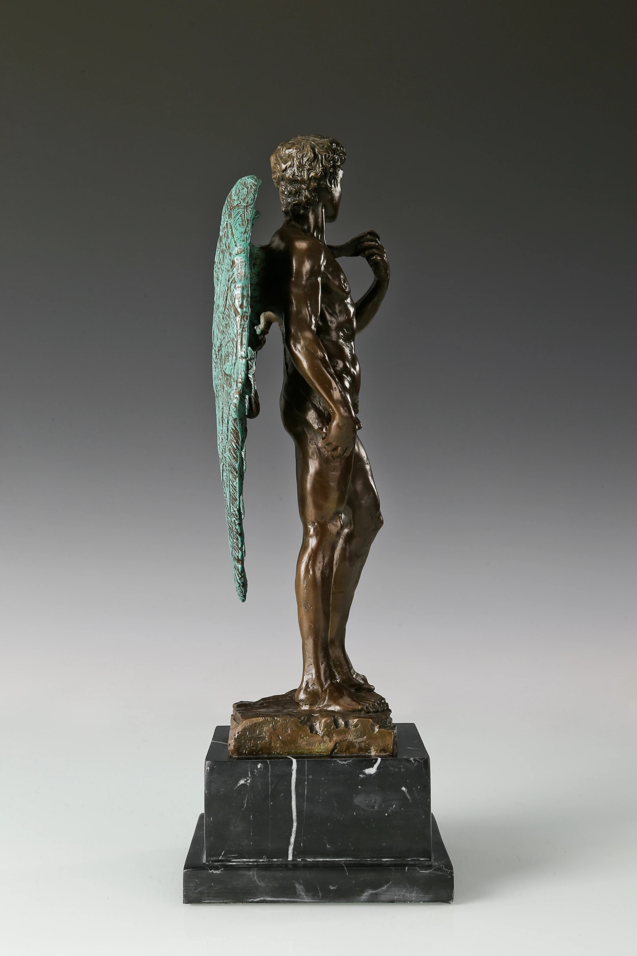 Right side view of Renaissance inspired David bronze sculpture