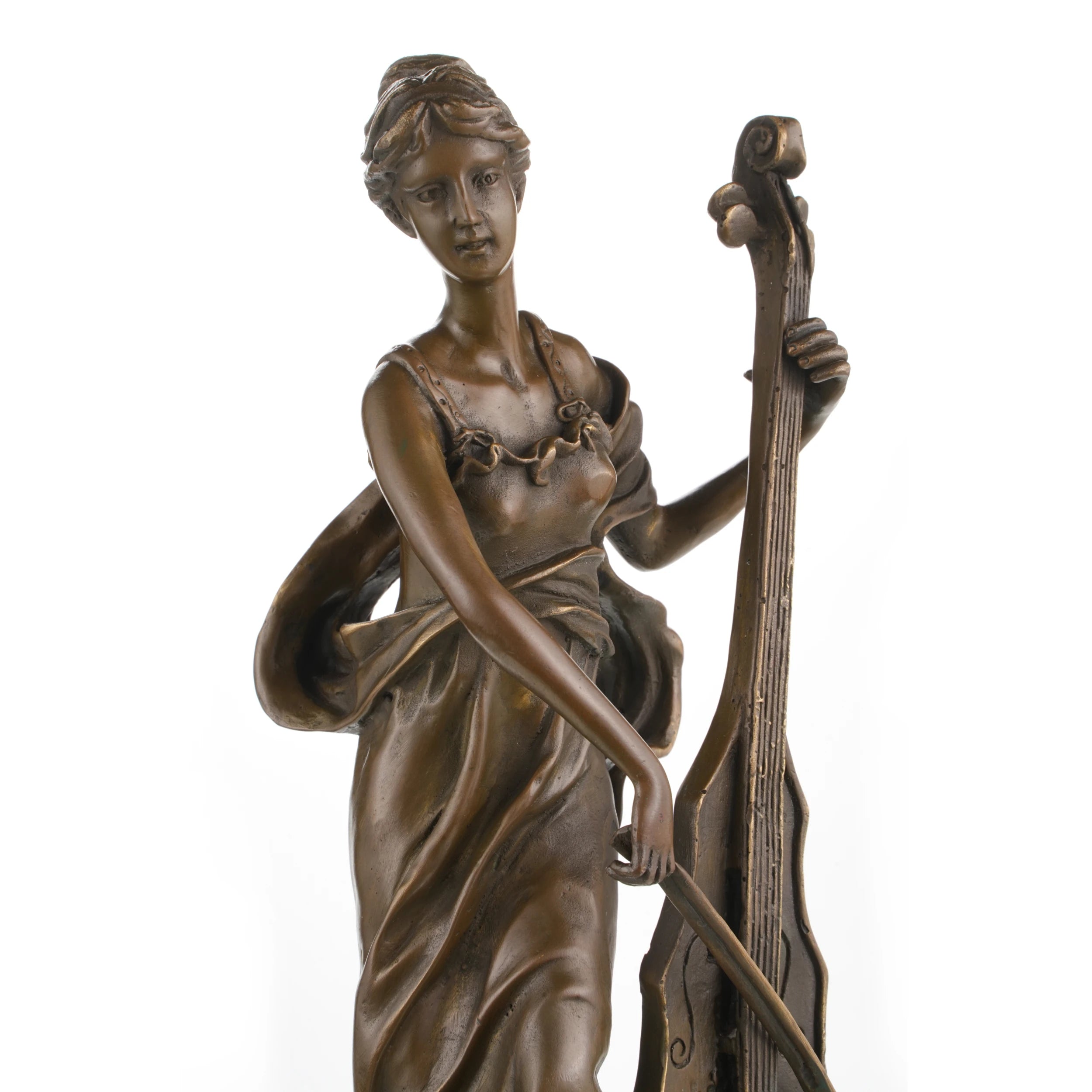 Elegant Art Nouveau bronze female cellist sculpture in flowing gown, woman playing cello statue on stepped black marble base, loss wax casting musical fine art.
