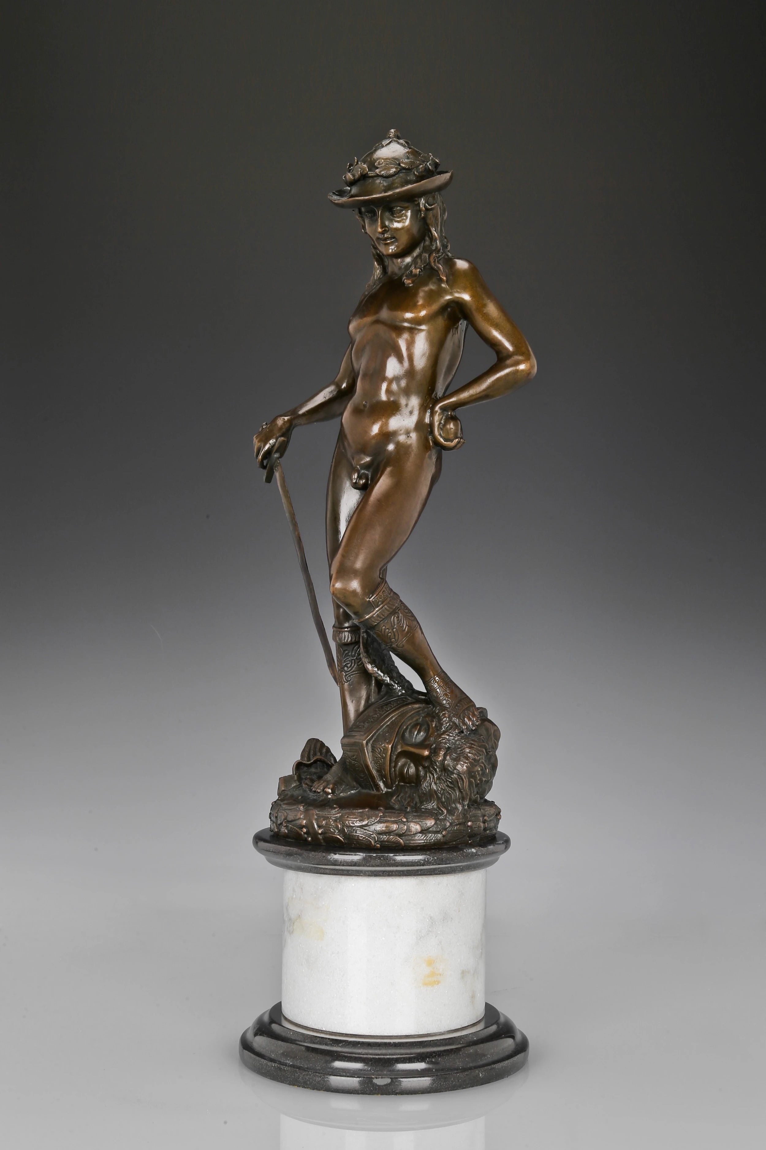 Young David bronze sculpture left front view with Renaissance details